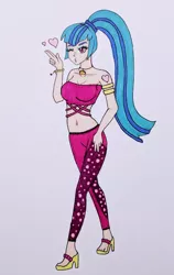 Size: 394x625 | Tagged: safe, artist:metalamethyst, derpibooru import, sonata dusk, human, equestria girls, equestria girls series, find the magic, sunset's backstage pass!, spoiler:eqg series (season 2), bracelet, breasts, cleavage, clothes, feet, floating heart, heart, jewelry, kissy face, midriff, one eye closed, pants, ponytail, shoes, simple background, tanktop, traditional art, white background, wink