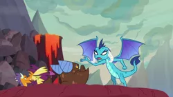 Size: 1920x1080 | Tagged: angry, billy (dragon), clump, derpibooru import, dragon, dragoness, dragon lands, female, fume, male, princess ember, safe, screencap, spear (dragon), spread wings, sweet and smoky, teenaged dragon, wings