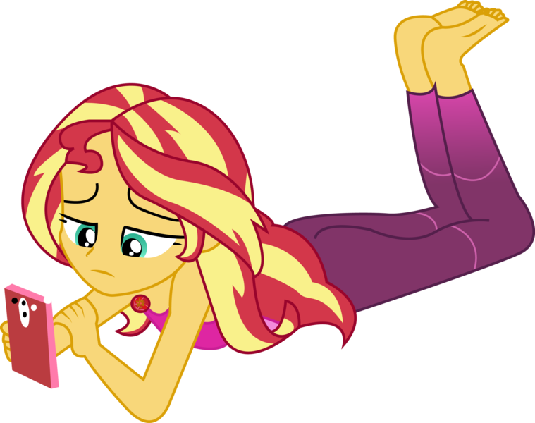 Size: 2541x2010 | Tagged: safe, artist:marcorois, derpibooru import, sunset shimmer, equestria girls, equestria girls series, wake up!, spoiler:choose your own ending (season 2), spoiler:eqg series (season 2), barefoot, clothes, feet, geode of empathy, laying on stomach, magical geodes, mobile phone, pants, phone, simple background, sleeveless, smartphone, solo, transparent background, vector, wake up!: rainbow dash, yoga pants