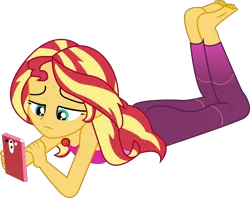 Size: 2541x2010 | Tagged: safe, artist:marcorois, derpibooru import, sunset shimmer, equestria girls, equestria girls series, wake up!, spoiler:choose your own ending (season 2), spoiler:eqg series (season 2), barefoot, clothes, feet, geode of empathy, laying on stomach, magical geodes, mobile phone, pants, phone, simple background, sleeveless, smartphone, solo, transparent background, vector, wake up!: rainbow dash, yoga pants