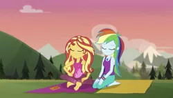 Size: 1980x1123 | Tagged: safe, derpibooru import, screencap, rainbow dash, sunset shimmer, equestria girls, equestria girls series, wake up!, spoiler:choose your own ending (season 2), spoiler:eqg series (season 2), barefoot, clothes, eyes closed, feet, mountain, pants, soles, wake up!: rainbow dash, yoga mat, yoga pants