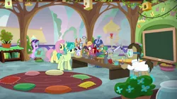 Size: 1920x1080 | Tagged: safe, derpibooru import, screencap, doctor whooves, fire flicker, fluttershy, midnight snack (character), pinwheel, sandbar, starlight glimmer, summer meadow, time turner, bird, butterfly, earth pony, pegasus, pony, unicorn, a horse shoe-in, balloon, bird house, bird nest, book, bookshelf, bunsen burner, chalkboard, chick, classroom, clipboard, clothes, coiling, electric fan, erlenmeyer flask, eyedropper, female, flower, fluttershy's classroom, friendship student, glowing horn, goggles, horn, lab coat, levitation, magic, magic aura, male, mare, nest, pillow, pliers, potted plant, rube goldberg machine, rug, safety goggles, science, scissors, setup, shelf, stallion, table, teenager, telekinesis, tongs, weight