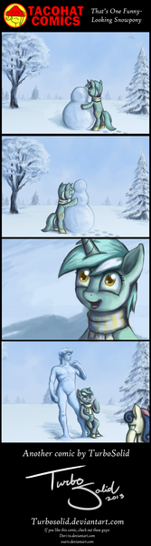 Size: 1000x3600 | Tagged: safe, artist:turbosolid, derpibooru import, bon bon, lyra heartstrings, sweetie drops, human, pony, unicorn, comic, david, lyra's humans, snowman, that pony sure does love humans