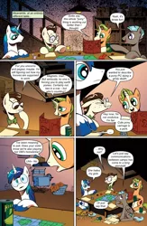 Size: 650x1000 | Tagged: safe, artist:andypriceart, derpibooru import, edit, idw, 8-bit (character), gaffer, gizmo, shining armor, earth pony, pegasus, pony, unicorn, comic:friendship is dragons, spoiler:comic, spoiler:comic11, bowtie, chips, comic, dialogue, dungeons and dragons, food, freckles, glasses, male, ogres and oubliettes, pen and paper rpg, plate, rpg, smiling, soda can, stallion, text edit, thinking, unshorn fetlocks