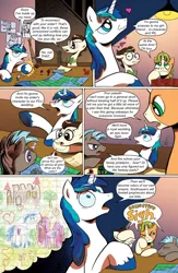 Size: 650x1000 | Tagged: safe, artist:andypriceart, derpibooru import, edit, idw, 8-bit (character), gaffer, gizmo, princess cadance, shining armor, twilight sparkle, earth pony, pegasus, pony, unicorn, comic:friendship is dragons, spoiler:comic, spoiler:comic11, annoyed, baseball bat, bowtie, comic, dialogue, dice, drawing, dungeons and dragons, facehoof, freckles, glasses, heart, light, looking up, male, ogres and oubliettes, one eye closed, pen and paper rpg, poster, rpg, smiling, soda can, stallion, text edit, thinking, unicorn twilight, unshorn fetlocks, wide eyes, wink