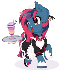 Size: 1616x1874 | Tagged: safe, artist:musicfirewind, derpibooru import, oc, oc:heart tide, unofficial characters only, pony, unicorn, clothes, cuffs (clothes), cute, female, glowing horn, happy, heart eyes, horn, magic, maid, mare, simple background, telekinesis, transparent background, tray, wingding eyes