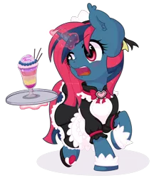 Size: 1616x1874 | Tagged: safe, alternate version, artist:musicfirewind, derpibooru import, oc, oc:heart tide, unofficial characters only, pony, unicorn, blushing, clothes, cuffs (clothes), cute, female, glowing horn, heart eyes, horn, magic, maid, mare, simple background, telekinesis, transparent background, tray, tsundere, wingding eyes