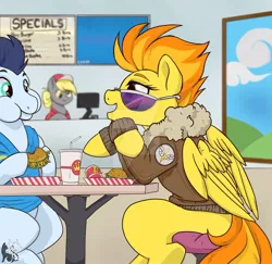 Size: 1024x997 | Tagged: safe, artist:therealakineko, derpibooru import, derpy hooves, soarin', spitfire, pegasus, pony, burger, chubby cheeks, clothes, deviantart watermark, drink, eating, female, food, hay burger, jacket, male, mare, obtrusive watermark, stallion, straw, sunglasses, watermark