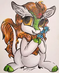 Size: 803x995 | Tagged: artist:gleamydreams, autumn blaze, cloven hooves, derpibooru import, ear fluff, female, flower, foal's breath, golden eyes, kirin, looking at you, mare, orange hair, safe, simple background, smiling, solo, sounds of silence, traditional art, white background