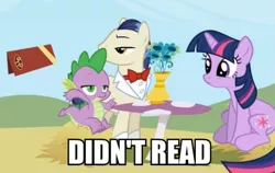 Size: 719x454 | Tagged: caption, derpibooru import, didn't read, image macro, reaction image, safe, spike, text, tl;dr, twilight sparkle, waiter
