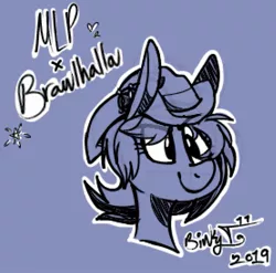 Size: 1019x1006 | Tagged: safe, artist:binkyt11, derpibooru import, ponified, earth pony, pony, blue background, brawlhalla, bust, cassidy (brawlhalla), crossover, female, hat, mare, marshal, monochrome, simple background, solo