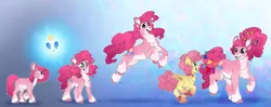 Size: 8349x3300 | Tagged: safe, artist:turnipberry, deleted from derpibooru, derpibooru import, li'l cheese, pinkie pie, earth pony, pony, the last problem, abstract background, absurd resolution, blue background, candy, chest fluff, confetti, cute, cutie mark, diapinkes, dilated pupils, ear fluff, eye reflection, female, filly, filly pinkie pie, food, frown, grin, headcanon, hoof fluff, jumping, leg fluff, looking at you, looking back, mare, messy mane, older, older pinkie pie, pale belly, pronking, rainbow, raised hoof, reflection, running, simple background, smiling, sonic rainboom, squee, teenager, underhoof, unshorn fetlocks, walking, wingding eyes, younger