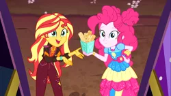 Size: 1920x1080 | Tagged: safe, derpibooru import, screencap, pinkie pie, sunset shimmer, equestria girls, equestria girls series, sunset's backstage pass!, spoiler:eqg series (season 2), churros, duo, duo female, female, food, geode of sugar bombs, magical geodes, smiling