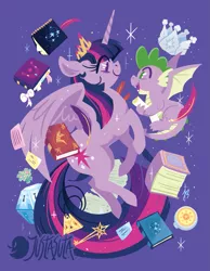 Size: 875x1125 | Tagged: safe, artist:justasuta, derpibooru import, spike, twilight sparkle, twilight sparkle (alicorn), alicorn, dragon, pony, sparkle's seven, book, claws, compass, crown, dragon wings, duo, elements of harmony (book), fangs, female, friendship journal, hard-won helm of the sibling supreme, hooves, horn, jewelry, key, key of magic, lineless, mare, mystery box of plot importance, new crown, open mouth, purple background, quill, regalia, scorpan's necklace, scroll, simple background, smiling, spread wings, winged spike, wings