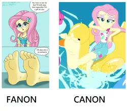 Size: 1484x1288 | Tagged: safe, artist:jfetishstuff, derpibooru import, edit, screencap, fluttershy, equestria girls, equestria girls series, i'm on a yacht, spoiler:eqg series (season 2), barefoot, bedroom eyes, canon, comparison, cute, fanon, fanon vs canon, feet, female, fetish, flutterfeet, foot fetish, foot focus, inflatable toy, pool toy, shyabetes, soles, speech bubble, toes, wiggling toes, wingding eyes
