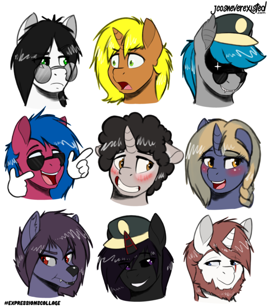 Size: 4093x4685 | Tagged: safe, artist:jcosneverexisted, derpibooru import, oc, oc:alexander, oc:blasting cap, oc:clover knight, oc:enderdan t'dark, oc:frederick, oc:idle thoughts, oc:neon burst, oc:nyn indigo, oc:rock, unofficial characters only, pony, blushing, female, glasses, male