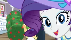 Size: 1920x1080 | Tagged: safe, derpibooru import, screencap, applejack, rarity, camping must-haves, equestria girls, equestria girls series, spoiler:eqg series (season 2), close-up, cute, dresser, extreme close up, female, happy, hat, looking at you, open mouth, photobomb, raribetes, rarity's bedroom, sleeping bag, smiling