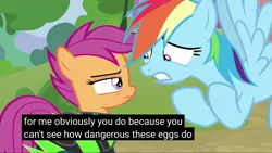 Size: 1920x1080 | Tagged: safe, derpibooru import, edit, edited screencap, screencap, rainbow dash, scootaloo, pegasus, pony, the washouts (episode), caption, clothes, meme, uniform, washouts uniform, youtube caption