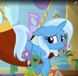 Size: 524x516 | Tagged: safe, derpibooru import, screencap, trixie, pony, unicorn, a horse shoe-in, cropped, cute, diatrixes, female, hammock, image, mare, png, sad, sadorable, solo, the sad and depresive trixie, trixie's wagon