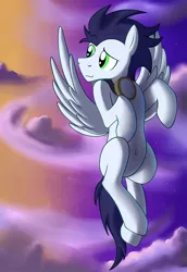 Size: 1064x1550 | Tagged: safe, artist:dripponi, derpibooru import, soarin', pegasus, pony, belly button, cute, flying, goggles, looking back, male, missing cutie mark, silly, silly pony, solo, stallion, stupid sexy soarin, sunset, wonderbolts