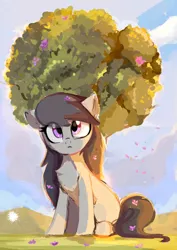 Size: 1428x2016 | Tagged: safe, artist:aureai, derpibooru import, octavia melody, earth pony, pony, :<, chest fluff, cloud, cute, ear fluff, female, flower, looking up, mare, scenery, sitting, solo, tavibetes, tree