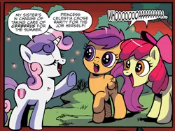 Size: 1334x1005 | Tagged: apple bloom, boasting, cutie mark crusaders, derpibooru import, firefly (insect), idw, insect, safe, scootaloo, sparkling eyes, spoiler:comic, spoiler:comic82, sweetie belle, whoa