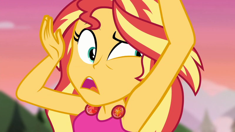 Size: 1920x1080 | Tagged: safe, derpibooru import, screencap, sunset shimmer, equestria girls, equestria girls series, wake up!, spoiler:choose your own ending (season 2), spoiler:eqg series (season 2), armpits, clothes, confused lemur, female, geode of empathy, magical geodes, open mouth, outdoors, sleeveless, tanktop, wake up!: rainbow dash, yoga, yoga pose
