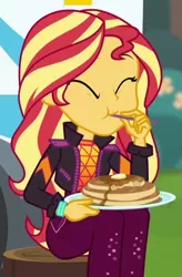 Size: 406x620 | Tagged: safe, derpibooru import, screencap, sunset shimmer, equestria girls, equestria girls series, wake up!, spoiler:choose your own ending (season 2), spoiler:eqg series (season 2), cropped, cute, eating, food, pancakes, shimmerbetes, solo, wake up!: applejack