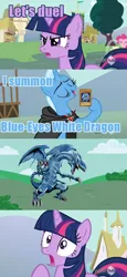 Size: 500x1089 | Tagged: blue-eyes white dragon, derpibooru import, dragon, magic duel, safe, trixie, twilight sparkle, yu-gi-oh!