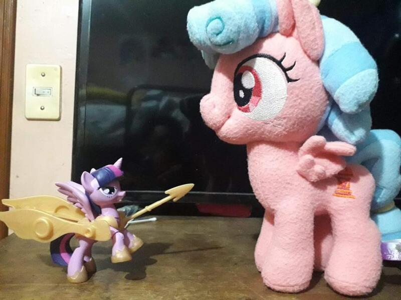 Size: 825x619 | Tagged: alicorn, armor, cozy glow, derpibooru import, guardians of harmony, irl, photo, plushie, safe, spear, toy, twilight sparkle, twilight sparkle (alicorn), weapon