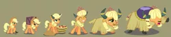 Size: 3731x815 | Tagged: safe, artist:magerblutooth, derpibooru import, applejack, earth pony, pony, yak, series:mlp transformed, apple, applejack's hat, appleyak, blanket, braid, bucket, carrying, chewing, commission, cowboy hat, crate, doll, eating, eyes closed, faded cutie mark, food, grass, grin, hair blowing, hair over eyes, hat, horn, horn jewelry, horn ring, horns, jewelry, lidded eyes, mental shift, open mouth, personality change, raised hoof, raised leg, ring, scrunchy face, show accurate, simple background, smiling, species swap, story included, tiara, toy, transformation, transformation sequence, vector, yakified