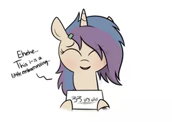 Size: 1289x914 | Tagged: safe, artist:modocrisma, derpibooru import, oc, oc:river song (modocrisma), unofficial characters only, pony, unicorn, alternate universe, au:lbau, birthday, blushing, eye clipping through hair, female, hairclip, holding, nervous, simple background, solo, watermark, white background, wristband