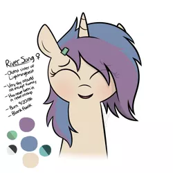 Size: 914x914 | Tagged: safe, artist:modocrisma, derpibooru import, oc, oc:river song (modocrisma), unofficial characters only, pony, unicorn, alternate universe, au:lbau, blushing, color palette, eye clipping through hair, female, hairclip, reference sheet, simple background, solo, watermark, white background