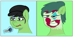 Size: 2337x1200 | Tagged: safe, artist:dashusethetrashcan, derpibooru import, oc, oc:anonfilly, pony, clown makeup, face paint, female, filly, joker (2019), the joker