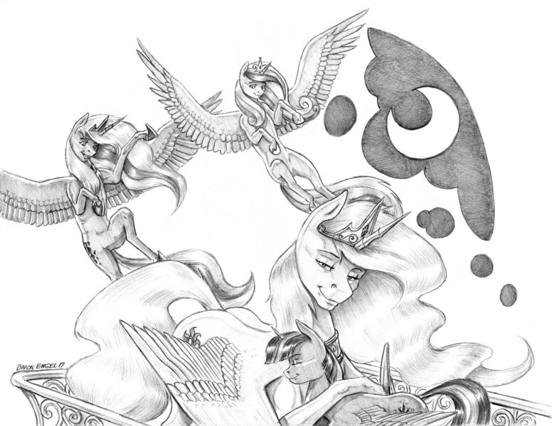 Size: 1400x1083 | Tagged: safe, artist:baron engel, derpibooru import, princess cadance, princess celestia, princess luna, twilight sparkle, twilight sparkle (alicorn), alicorn, pony, twilight's kingdom, balcony, commission, female, grayscale, hug, mare, monochrome, pencil drawing, scene interpretation, simple background, smiling, traditional art, white background, you'll play your part