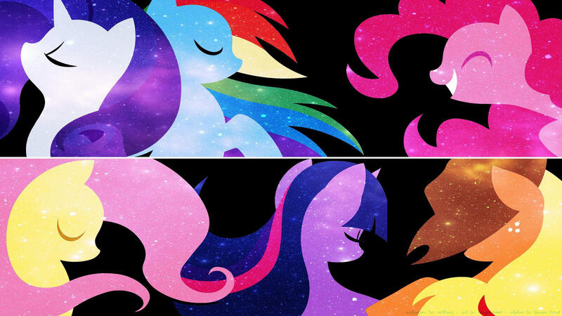 Size: 1920x1080 | Tagged: safe, artist:272marshmallow, derpibooru import, applejack, fluttershy, pinkie pie, rainbow dash, rarity, twilight sparkle, earth pony, pegasus, pony, unicorn, abstract, applejack's hat, black background, cowboy hat, eyes closed, female, freckles, grin, hat, horn, lineless, mane six, mare, minimalist, modern art, simple background, smiling, sparkles, stetson, wallpaper