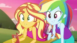 Size: 1280x720 | Tagged: safe, derpibooru import, screencap, rainbow dash, sunset shimmer, equestria girls, equestria girls series, wake up!, spoiler:eqg series (season 2), clothes, duo, duo female, female, geode of empathy, geode of super speed, magical geodes, mobile phone, phone, smartphone, tanktop, wake up!: rainbow dash