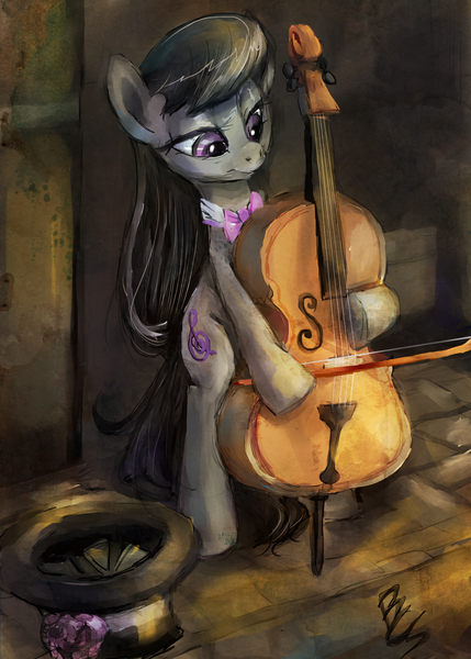 Size: 2231x3119 | Tagged: safe, artist:buttercupsaiyan, deleted from derpibooru, derpibooru import, octavia melody, pony, bipedal, busking, cello, money, musical instrument, solo