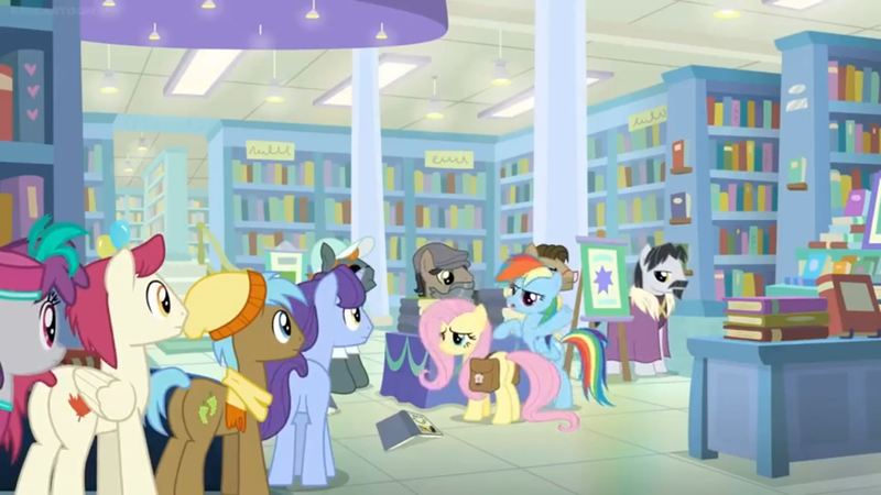 Size: 1600x900 | Tagged: safe, derpibooru import, screencap, biff, neigh sayer, november rain, pinot noir, rogue (character), shiraz, silver berry, sugar maple, withers, earth pony, pegasus, pony, unicorn, daring doubt, background pony, bag, book, bookshelf, bookstore, clothes, crowd, disguise, dr caballeron, fake beard, female, friendship student, george r.r. martin, glasses, groom q.q. martingale, hat, henchmen, line-up, male, maple leaf, mare, robe, saddle bag, scarf, shelf, stallion, table, toque