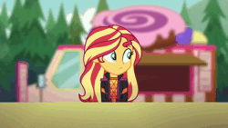 Size: 960x540 | Tagged: safe, derpibooru import, screencap, sunset shimmer, equestria girls, equestria girls series, wake up!, spoiler:choose your own ending (season 2), spoiler:eqg series (season 2), animated, awning, background human, bread, cinnamon bun, clothes, croissant, food, food stand, food truck, forest, frosting, gif, imminent diabetes, jacket, jelly beans, junk food, pastry, pecan, pine tree, starswirl music festival, surprised, this will end in diabetes, tray, tree, waffle, wake up!: pinkie pie