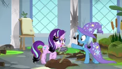 Size: 1920x1080 | Tagged: safe, derpibooru import, screencap, starlight glimmer, trixie, pony, unicorn, a horse shoe-in, angry, cape, clothes, female, hat, mare, mud, singed, trixie's cape, trixie's hat