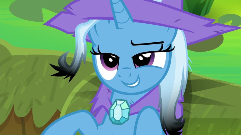 Size: 1920x1080 | Tagged: safe, derpibooru import, screencap, trixie, pony, unicorn, a horse shoe-in, cape, clothes, female, hat, lidded eyes, mare, singed, smiling, solo, trixie's cape, trixie's hat