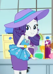 Size: 777x1075 | Tagged: safe, derpibooru import, screencap, rarity, camping must-haves, equestria girls, equestria girls series, spoiler:eqg series (season 2), beautiful, bracelet, clothes, cosmetics, cropped, dresser, geode of shielding, hat, jewelry, looking at you, lotion, magical geodes, pencil skirt, rarity's bedroom, skirt, smiling, window
