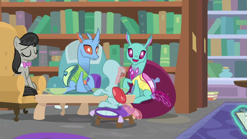 Size: 1280x720 | Tagged: safe, derpibooru import, screencap, carapace (character), ocellus, octavia melody, spiracle, changedling, changeling, earth pony, pony, a horse shoe-in, animation error, book, bookshelf, bowtie, eyes closed, female, library, mare, sitting