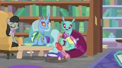 Size: 1280x720 | Tagged: safe, derpibooru import, screencap, carapace (character), ocellus, octavia melody, spiracle, changedling, changeling, earth pony, pony, a horse shoe-in, animation error, book, bookshelf, bowtie, eyes closed, female, library, mare, sitting