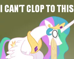 Size: 277x218 | Tagged: safe, artist:mister-saugrenu, derpibooru import, edit, princess celestia, alicorn, pony, cannot unsee, caption, celestia is not amused, female, i can't clop to this, image macro, mare, reaction image, solo, text, unamused, vomit, vomiting, white eyes