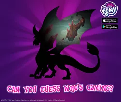 Size: 940x788 | Tagged: app store, derpibooru import, dragon, gaius (dragon), gameloft, google play, purple background, safe, silhouette, simple background, spread wings, text, wings