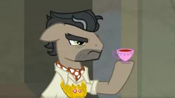 Size: 1677x942 | Tagged: safe, derpibooru import, edit, edited screencap, screencap, doctor caballeron, earth pony, pony, daring doubt, caballeron's item, cup, floppy ears, food, frown, male, solo, stallion, tea, teacup, truth talisman, unamused