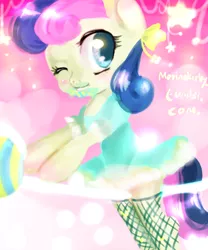 Size: 500x600 | Tagged: safe, artist:marinakirby, derpibooru import, bon bon, sweetie drops, pony, 30 minute art challenge, bipedal, candy, clothes, dress, food, lollipop, stockings, thigh highs