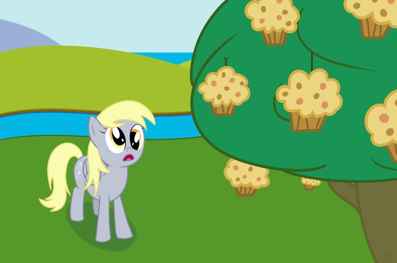 Size: 1098x727 | Tagged: safe, artist:snytbaggen, derpibooru import, derpy hooves, pegasus, pony, female, food, mare, muffin, solo, tree